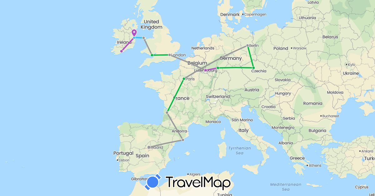 TravelMap itinerary: driving, bus, plane, train, boat in Czech Republic, Germany, Spain, France, United Kingdom, Ireland, Luxembourg (Europe)